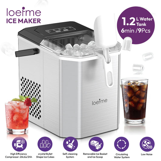 LOEFME 12kg/24h Electric Ice Maker Desktop Fully Automatic Bullet Ice Fast Ice Maker Machine Self-Cleaning Home Cafes Camping