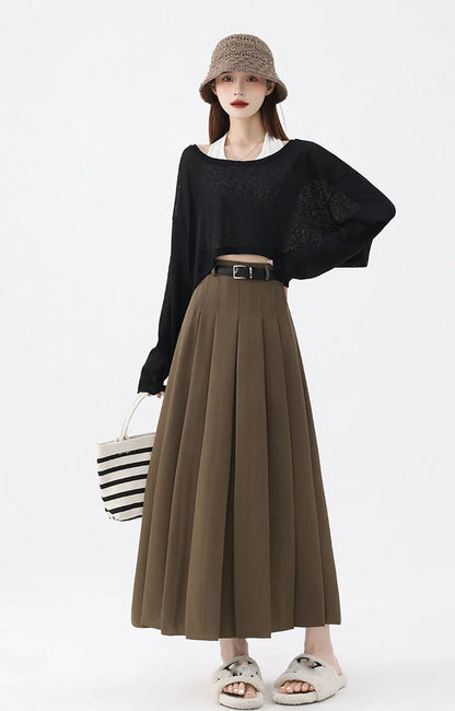 2026 New Women's Pleated Maxi Skirts Autumn High Waisted Zipper Jk Long Skirt Woman Elegant Loose Design Big Swing A-Line Skirts