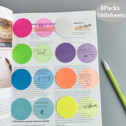 160 Sheets 8 Colours Waterproof Transparent Circular Sticky Note Pads Notepads Journal Student Stationery Office Supplies