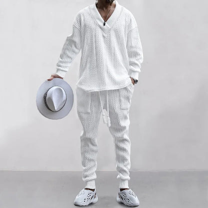 2025 Cross-border New Men's Casual Trousers V-Neck Versatile Jacquard Knitted Sweater Set