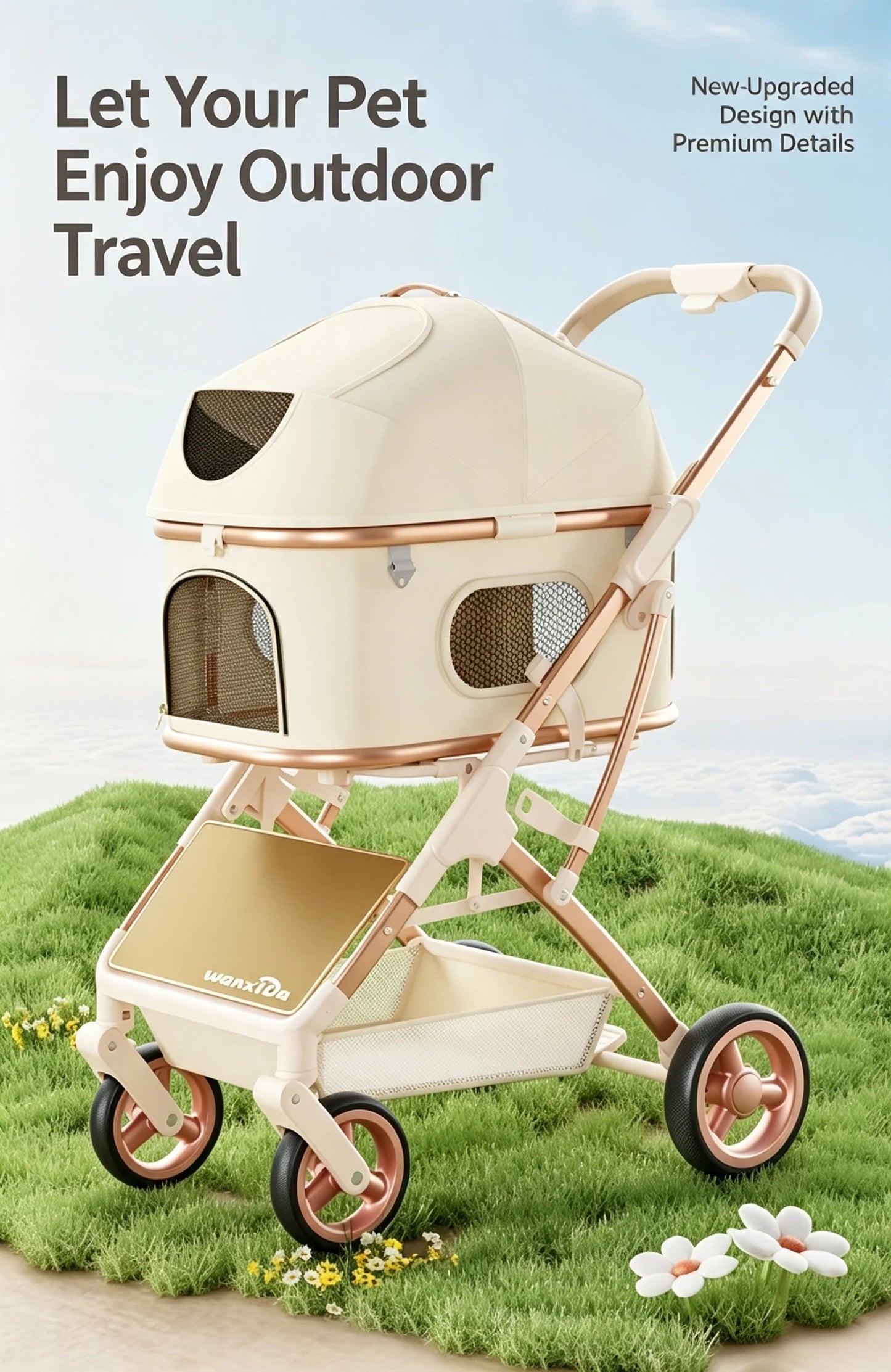 Aluminum Alloy Lightweight Pet Stroller Detachable Carrier One-Click Fold Shock Absorb Dog Cat Outdoor Travel Cart Wholesale