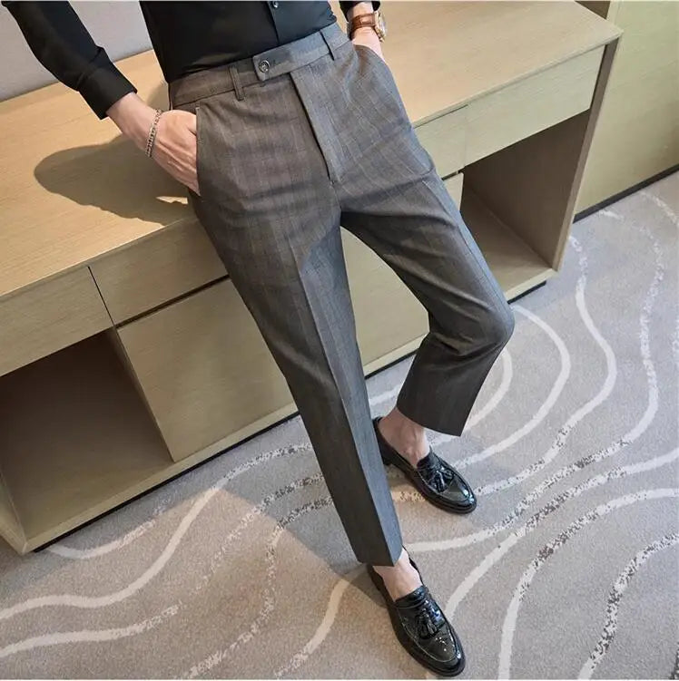 Men Plaid Wedding Dress Trousers High Quality Male Boutique Formal Wear Slim Suits Pants Men British Style Business Suit Pants