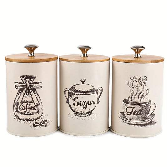 3Pcs Canister Set for Kitchen Counter, Coffee Sugar Tea Canister, Metal Vintage Kitchen Containers, Food Storage Containers