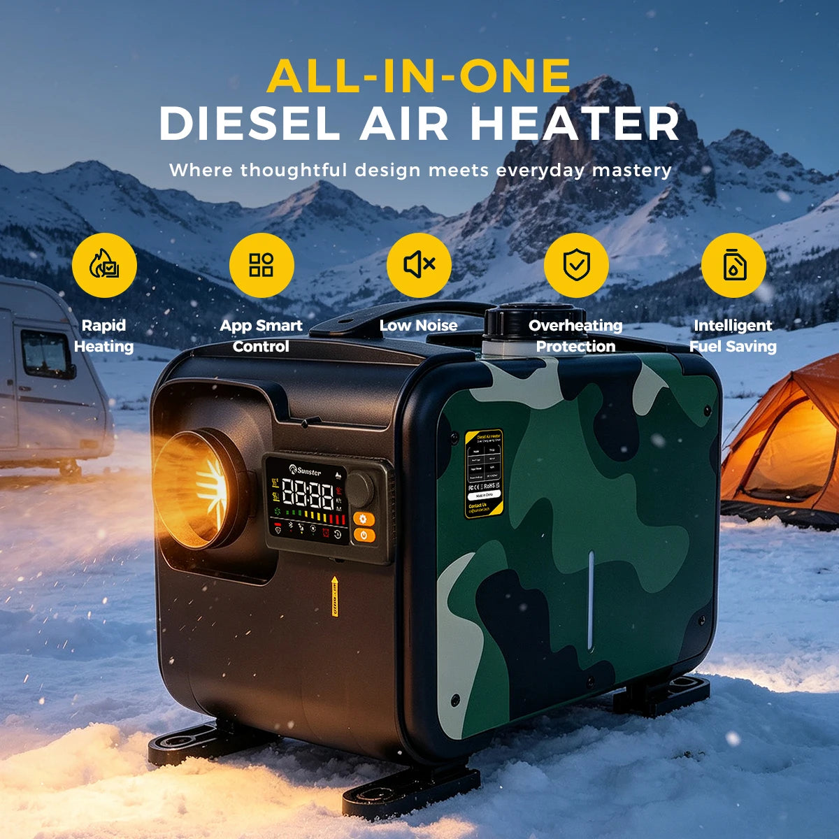 8KW Portable Horizontal Diesel Air Heater 12V Bluetooth LCD Adapter For Car Truck RV Camper Motorhome Campinging Home Heating