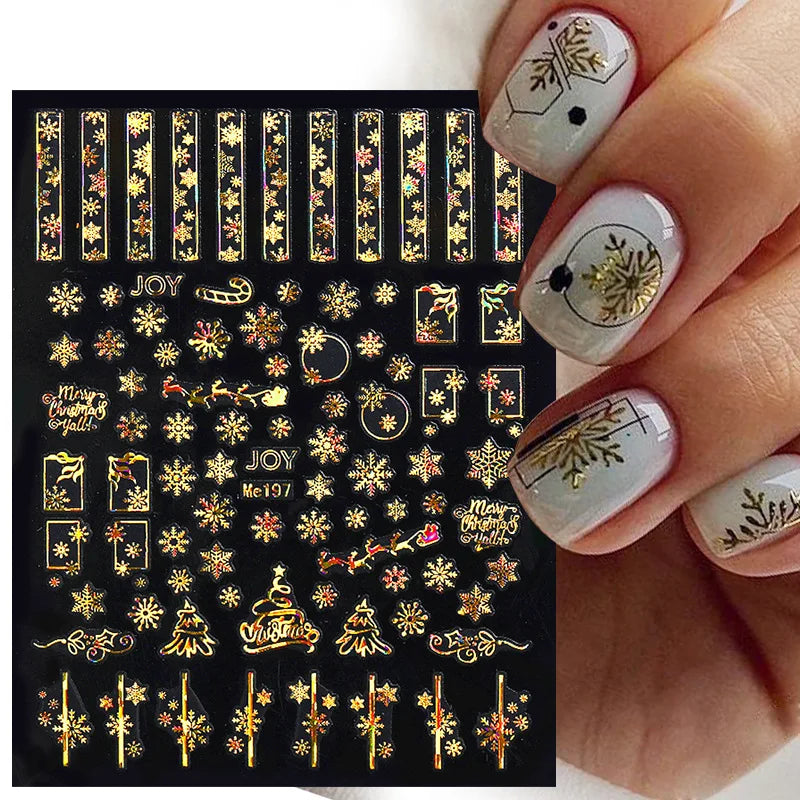 1PCS New Christmas Decorations 2023 New Year Nail Stickers Press on Nails Laser Snowflake Christmas Tree 3D Nail Decal