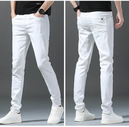 2026 Spring New Men Slim Jeans 98% Cotton White Stretch Straight Casual Fashion Pencil Pants High Quality Trousers Male Clothes