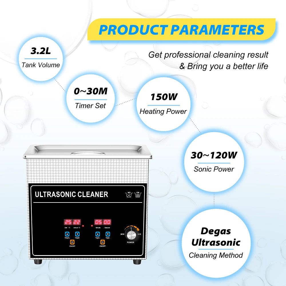 Ultrasonic Bath 3.2L 180W Cleaner Machine Power Adjust Hot Water Cleaning Bath Oil Nozzle Spark Plug Small Fuel
