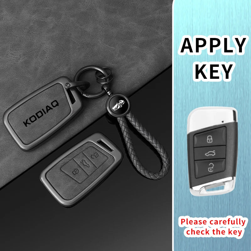 Leather Car Key Case Cover Shell Holder for Skoda Kodiaq Remote Control Key Cover Metal Housing Keyless Protector Accessories