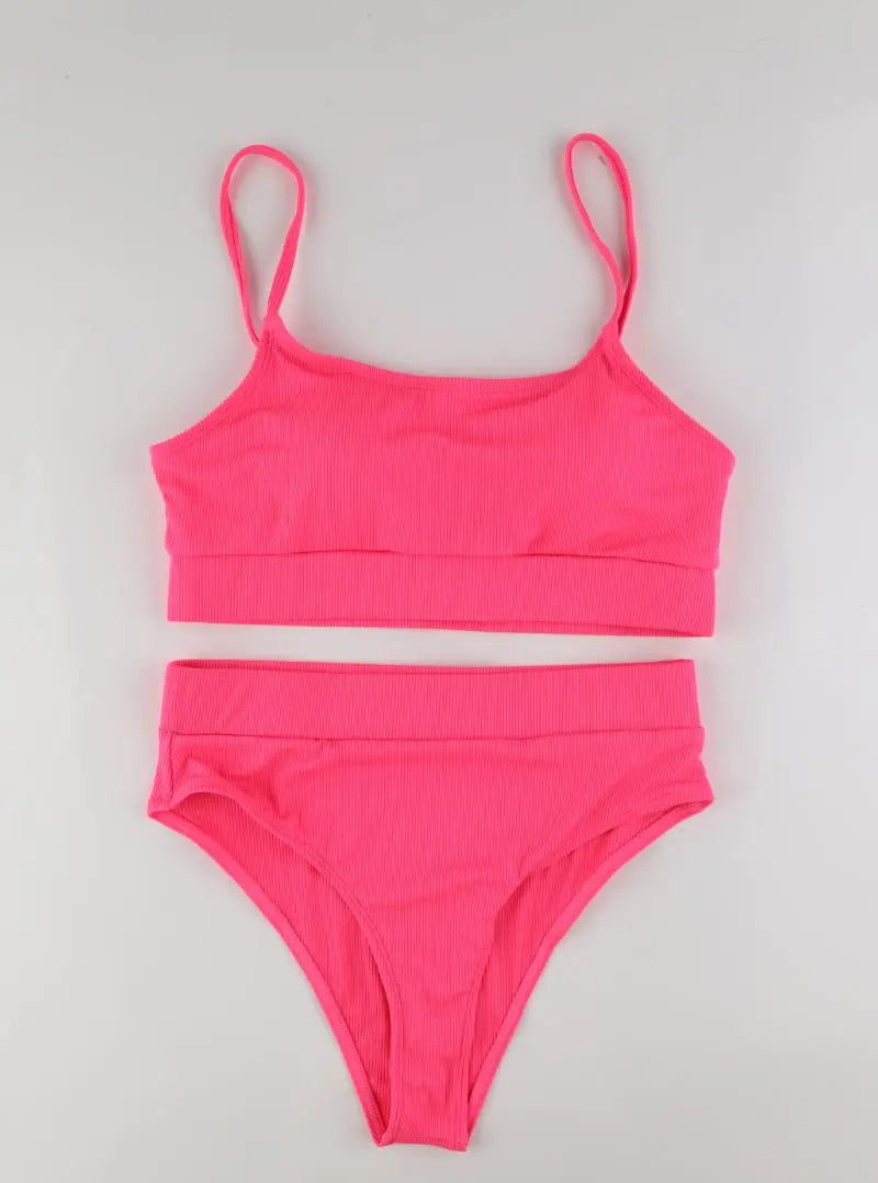 Cikini-Solid High Waist Bikinis Set for Women, Small Pit Stripe Swimsuit, Summer Beach Swimwear, Bathing Suit