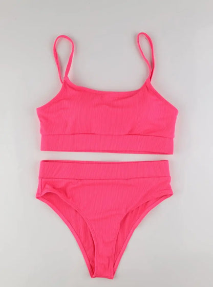Cikini-Solid High Waist Bikinis Set for Women, Small Pit Stripe Swimsuit, Summer Beach Swimwear, Bathing Suit