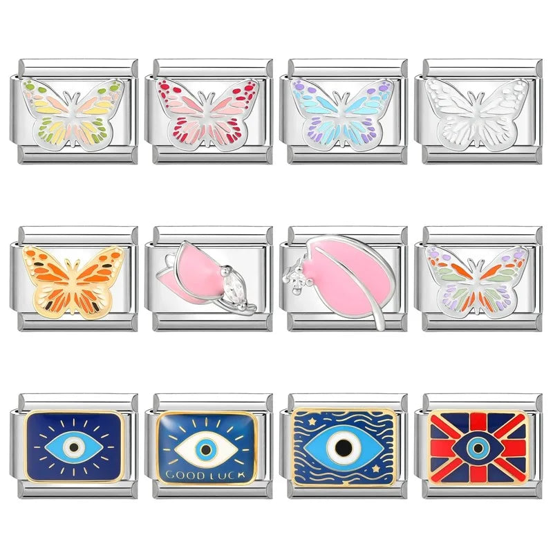 Fashion Drip Glaze Blue Eyes Colorful Butterfly Italian Charm Links Fit 9mm Stainless Steel Bracelet Jewelry DIY Making Beads