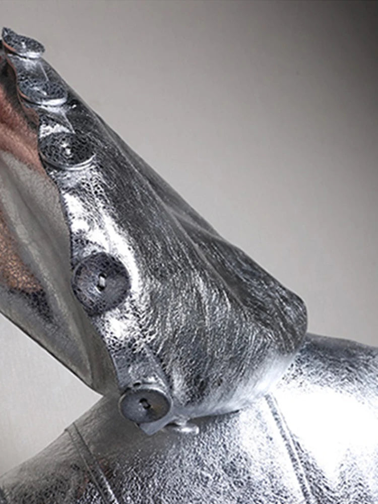 Lautaro Spring Autumn Extra Long Cool Silver Shiny Reflective Pu Leather Trench Coat for Women with Hood Luxury Runway Fashion
