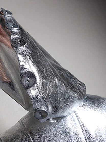 Lautaro Spring Autumn Extra Long Cool Silver Shiny Reflective Pu Leather Trench Coat for Women with Hood Luxury Runway Fashion