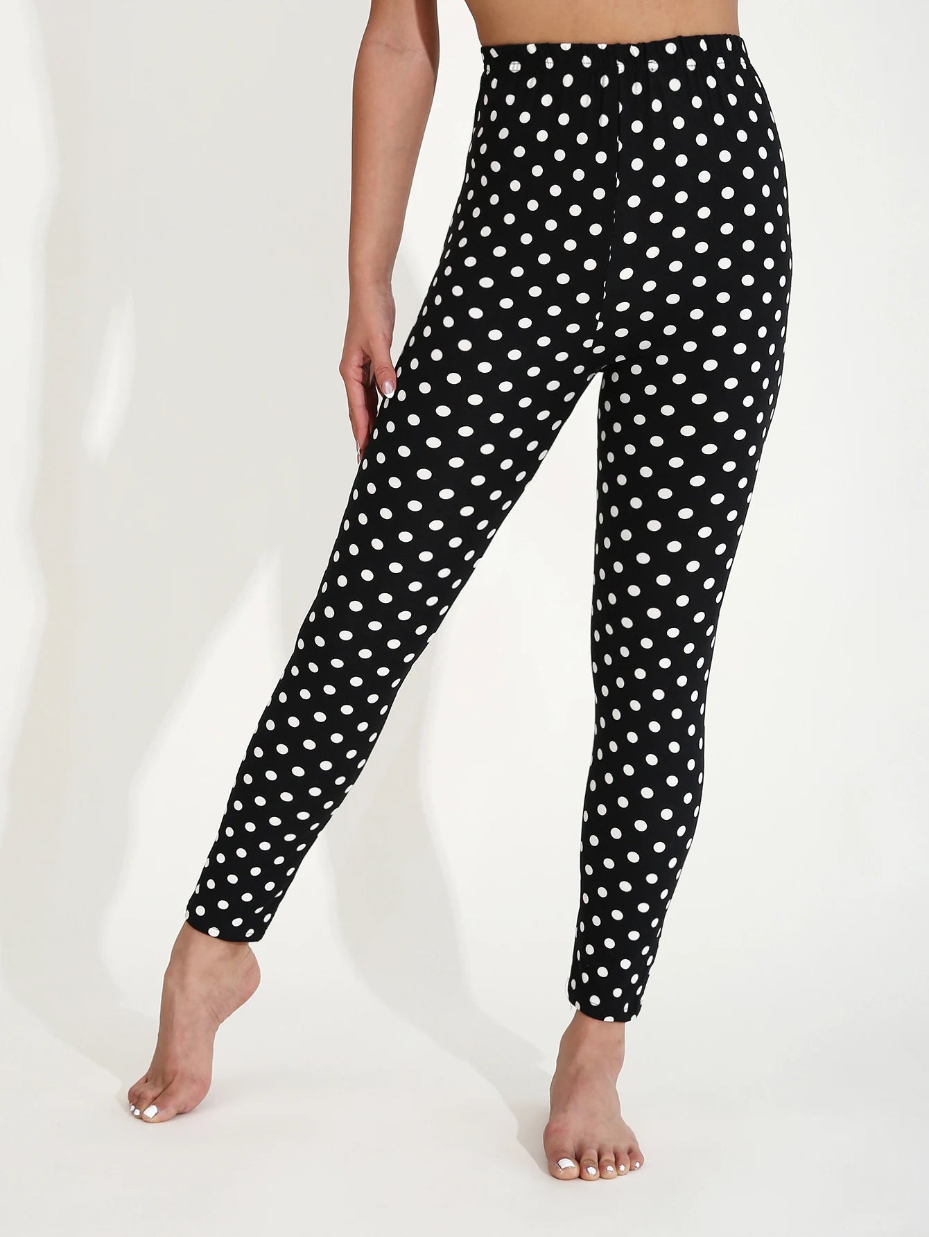 Four Seasons European  American Casual Women's Black Leggings  High Stretch Tight Pants White Polka Dot Pattern Cropped Pants