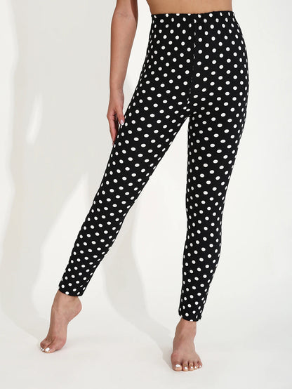 Four Seasons European  American Casual Women's Black Leggings  High Stretch Tight Pants White Polka Dot Pattern Cropped Pants