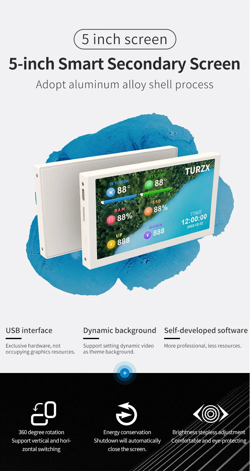 3.5 / 5 Inch IPS Type-C Secondary Screen Mini Computer USB Display CPU GPU RAM HDD Monitor with Holder Metal Case No Use AIDA64