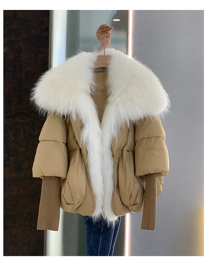 Oversized Winter Warm Real Fox Fur Collar Black Down Coat Women Puffer Outerwear Jackets 2024 Autumn Winter