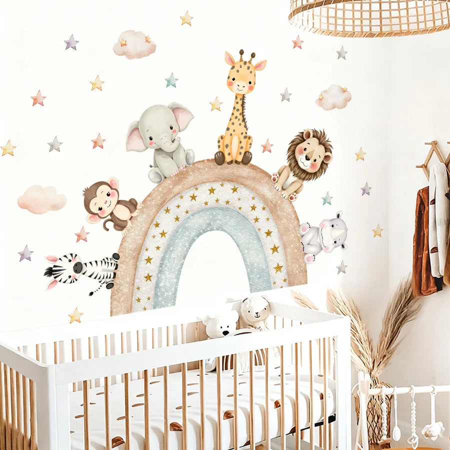 Cute Forest Animals Wall Stickers for Kids Rooms Children Boys Girls Baby Room Decoration Nursery Wallpaper Vinyl Elephant Lion