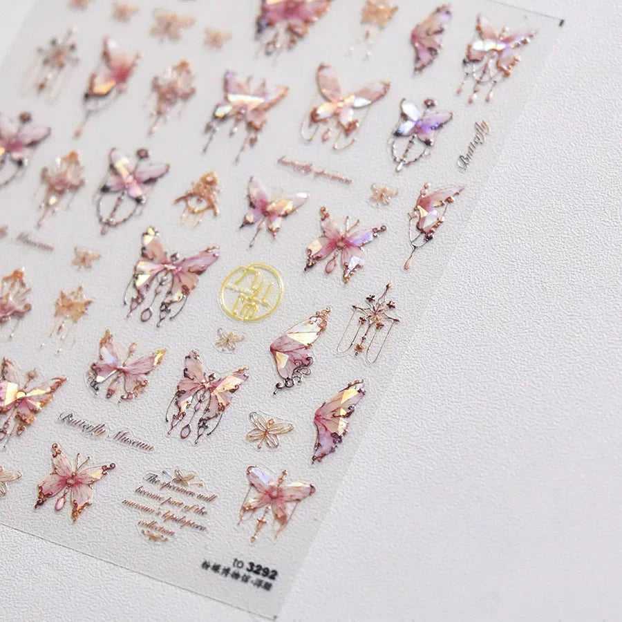 Shiny Jelly Butterfly Charming Golden Gradient Bowknot 5D Self Adhesive Nail Art Sticker Flower Petal Rhinestone Manicure Decals