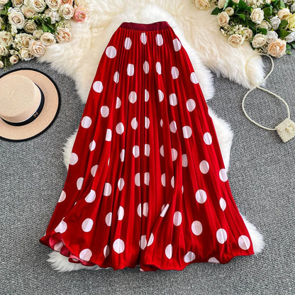 2026 Pleated Skirt Elastic Waist Polka Dot Fashion Printed Slim Pleated Skirt Women's Summer New Beach Vacation Mid-length Skirt