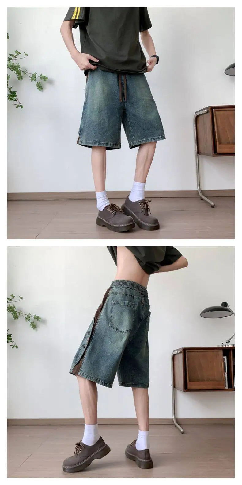 Mens Loose Fit Summer Denim Shorts Elastic Waist Washed Blue Side Personality Design Casual Comfortable Fashion Trendy Outdoor