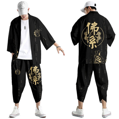 Large Size 5XL 6XL Japanese Kimono Cardigan Pants Set Print Fox Men Women Shirt Tradition Yukata Haori Obi Cosplay Costume