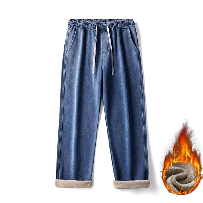 Men's Winter Fleece Loose Jeans Velvet Warm Elastic Waist Wide Leg Y2K Denim Pants Straight Comfortable Brand Men's Clothing