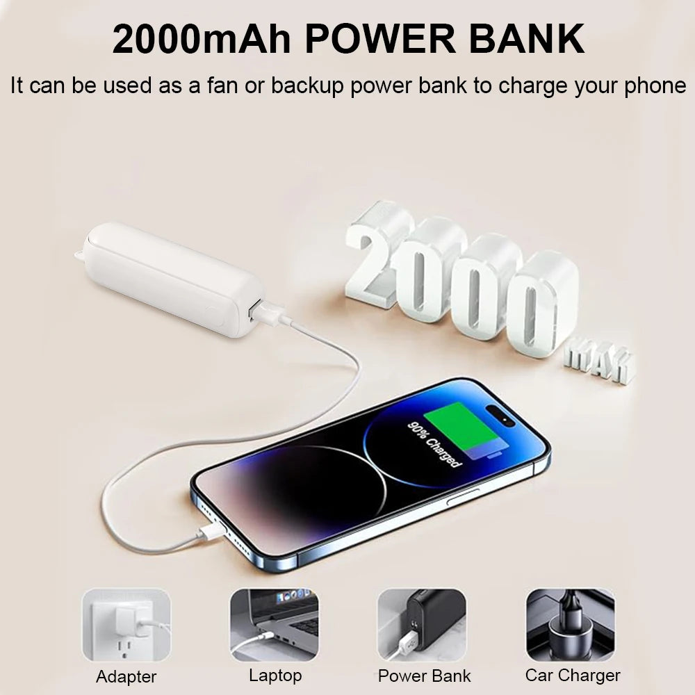 Nešiojamas ventiliatorius, super mini delninis ventiliatorius, įkraunamas USB laidu, sulankstomas, mažas kišeninis ventiliatorius su 2000 mAh išorine baterija, 3 greičio lygiai