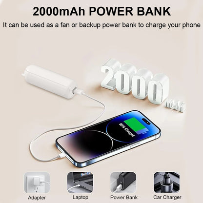Nešiojamas ventiliatorius, super mini delninis ventiliatorius, įkraunamas USB laidu, sulankstomas, mažas kišeninis ventiliatorius su 2000 mAh išorine baterija, 3 greičio lygiai