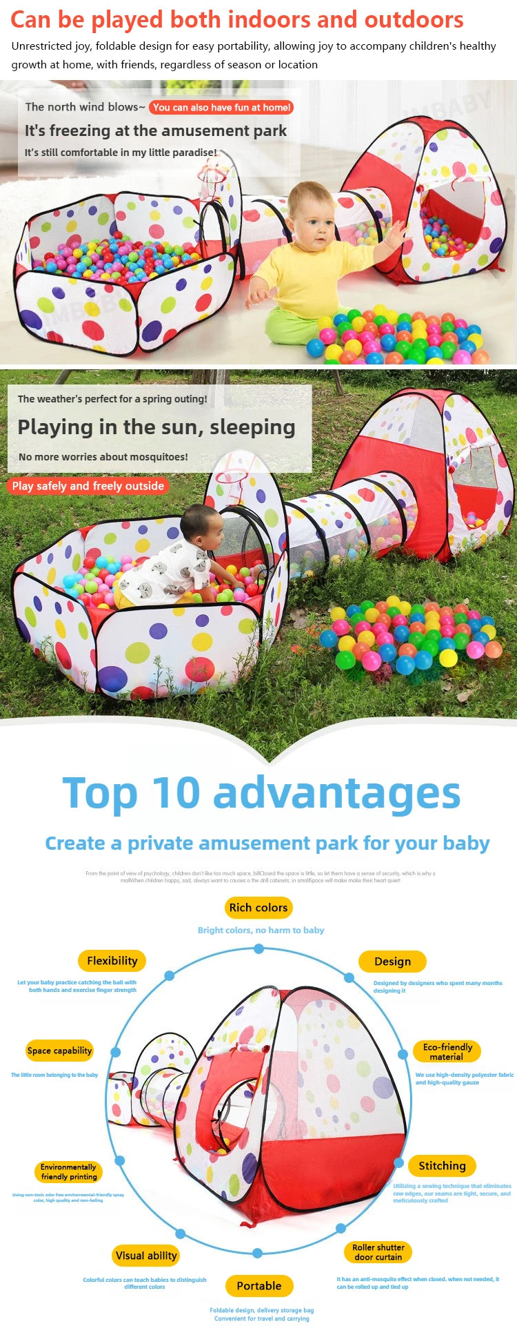 Senior 3-in-1 Foldable Baby Playground Children's Game Tent Baby Ball Fence with Crawling Tunnel Basketball Frame Children Gifts