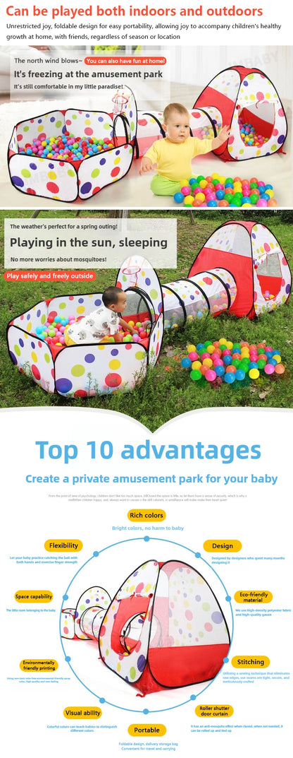 Senior 3-in-1 Foldable Baby Playground Children's Game Tent Baby Ball Fence with Crawling Tunnel Basketball Frame Children Gifts