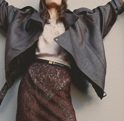 New Outerwear Leather Jacket Women American Retro Top Sheepskin Bubble Leather Double Lapel Loose Profile Coffee Locomotive Coat