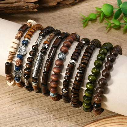10pcs Bohemia Ethnic Beaded Bracelets For Men Vintage Multi Layer Wooden Beads Life Tree Beaded Bracelets Accessory Gifts Party