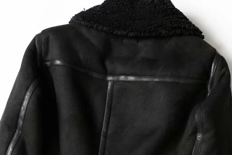 Winter Faux Shearling Sheepskin Fake Leather Jackets Lady Thick Warm Suede Lambs Motorcycle Brown Coats Mujer Chaqueta A407