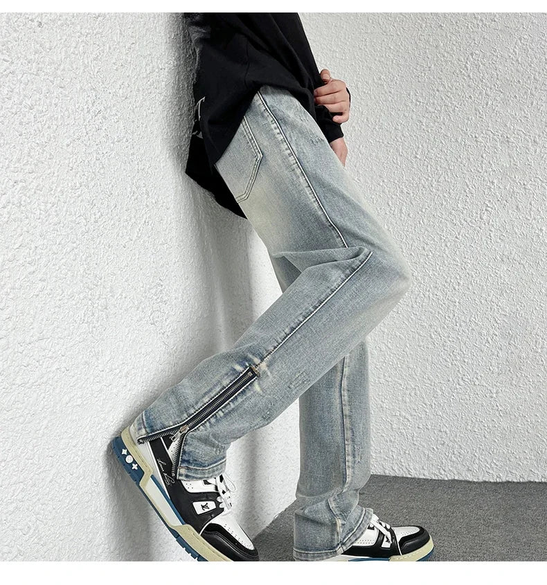 2024 Spring Autumn Korean Men Fashionable Retro Street Jeans Zip Design on Trouser Legs Straight-leg Denim Pants Men's Clothing