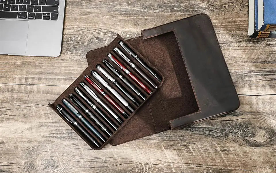Luxury Genuine Leather 12 Slots Fountain Pen Case Box Office School Stationery Pen Storage Pouch Holder with Removable Pen Tray