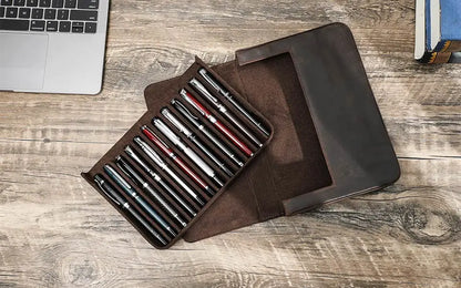 Luxury Genuine Leather 12 Slots Fountain Pen Case Box Office School Stationery Pen Storage Pouch Holder with Removable Pen Tray