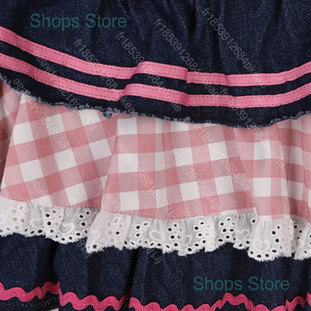 Preppy Style Lolita Kawaii Skirts Japanese Sweet Mini Women Harajuku Cute Ball Gown Denim Skater Y2K High Waist Lace Cake Skirts