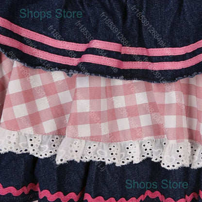 Preppy Style Lolita Kawaii Skirts Japanese Sweet Mini Women Harajuku Cute Ball Gown Denim Skater Y2K High Waist Lace Cake Skirts