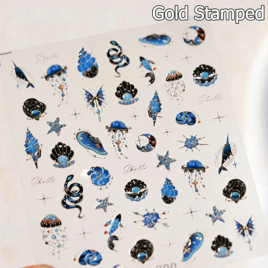 5D Gold Stamped Silver Sun Stars Snake Nail Art Stickers Totems Reliefs Self Adhesive Dark Chinese Style Manicure Decals