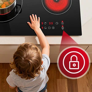 2-Zone Ceramic Hob, 3000W with Child Lock, 9 Heat Levels, 1-99min Timer, Black (CE Certified)