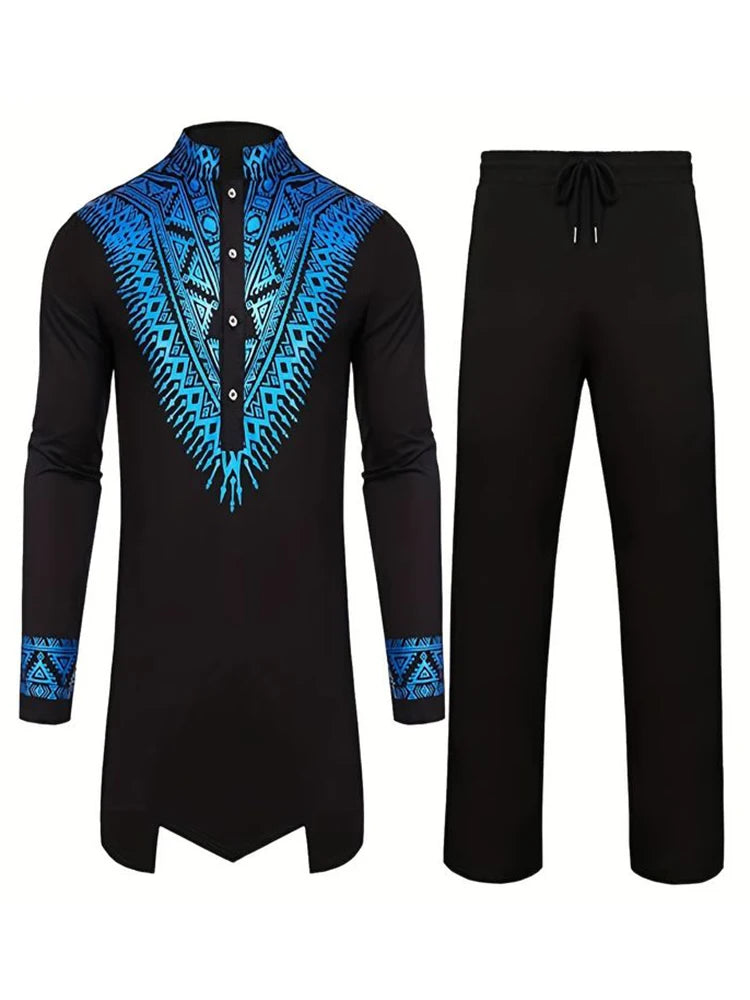 Muslim Robe Trousers The Traditional Dress of Arab Men 3D Pattern Printing Black White Yellow Navy Blue Long-Sleeved