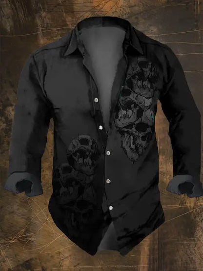 Halloween Men's Dark Skull Prints Casual Long Sleeve Shirt-Vintage Skull Floral Print,Regular Fit,Lapel Collar, Polyester Blend