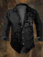 Halloween Men's Dark Skull Prints Casual Long Sleeve Shirt-Vintage Skull Floral Print,Regular Fit,Lapel Collar, Polyester Blend