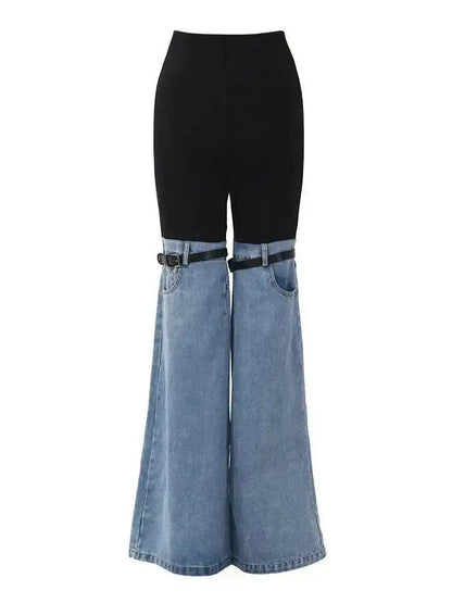 LGRQ Denim Patchwork Pants For Women Fashion New High Waist Contrast Color Belt Straight Pant Female 2026 Summer New 17A2013H