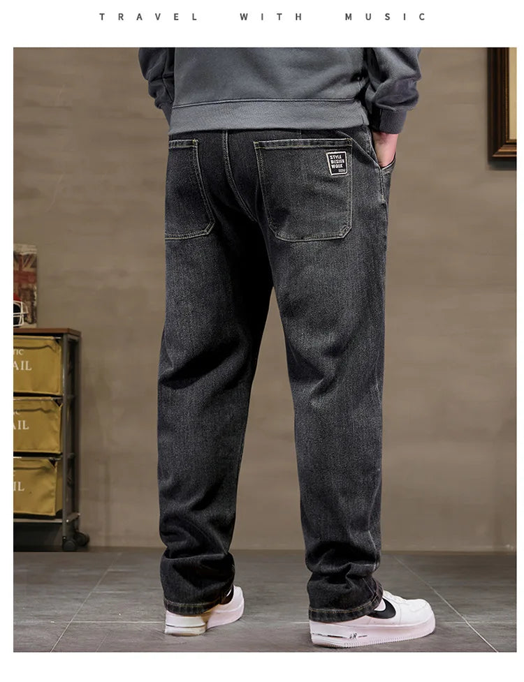 Extra Big Size Jeans Men High Elastic Waist Baggy Denim Pant Male Plus Large Loose Slim Fit Cowboy Trouser 8XL 6XL Classic Black