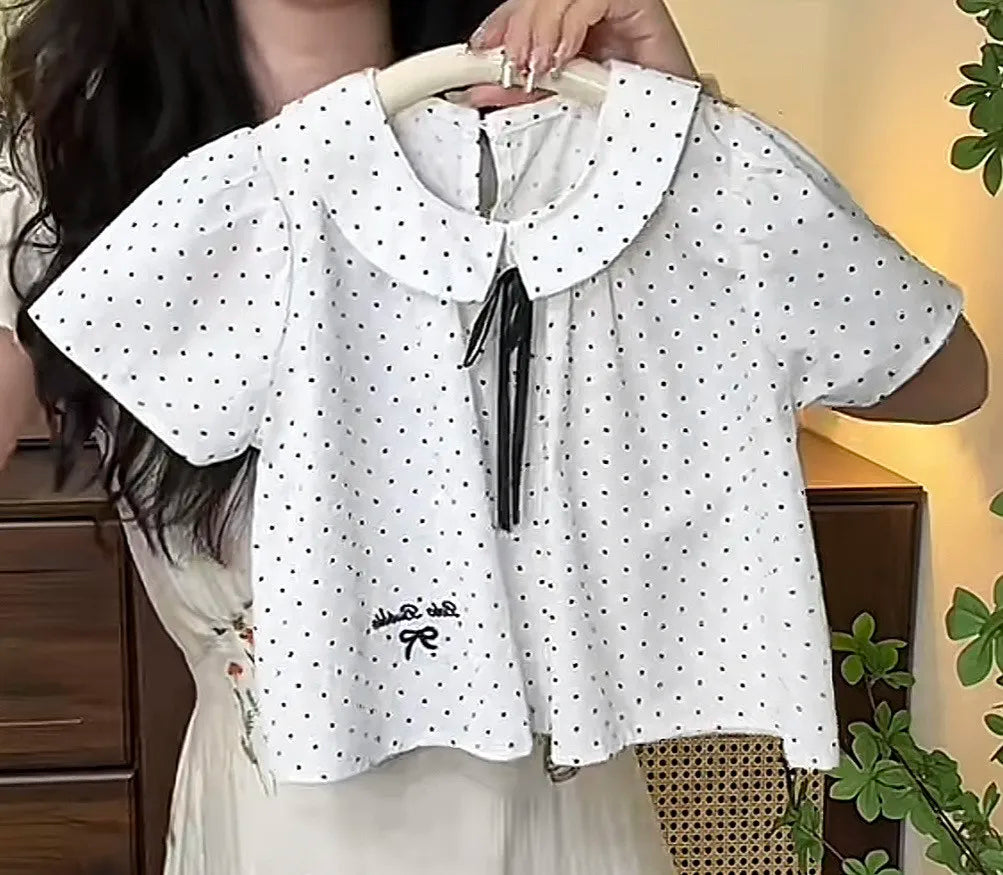 2025 Summer New Children Clothing for Girls Children Turn-down Collar Top for Girls Casual Short Sleeved Polka Dot T-shirt