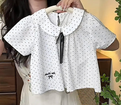 2025 Summer New Children Clothing for Girls Children Turn-down Collar Top for Girls Casual Short Sleeved Polka Dot T-shirt