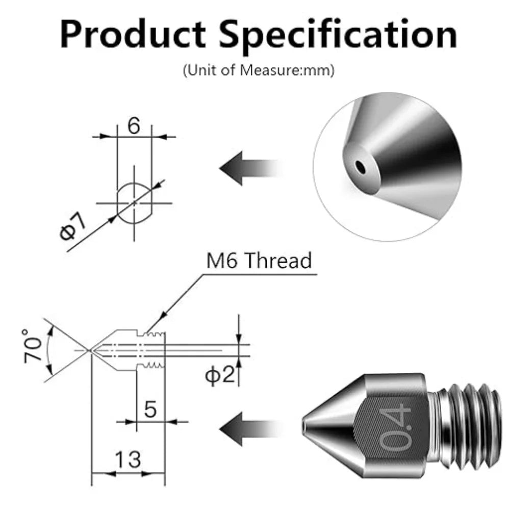 Creality MK8 Nozzle 5PCS 0.2/0.4/0.6/0.8/1.0mm M6 Threaded Stainless Steel for 1.75mm Filament 3D Printer Extruder Print Head