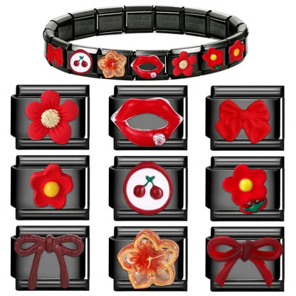 2025 New Original Black Red Stars Love Heart Bows Flower Italian Charm Link Fit 9mm Stainless Steel Jewelry DIY Making Bracelets